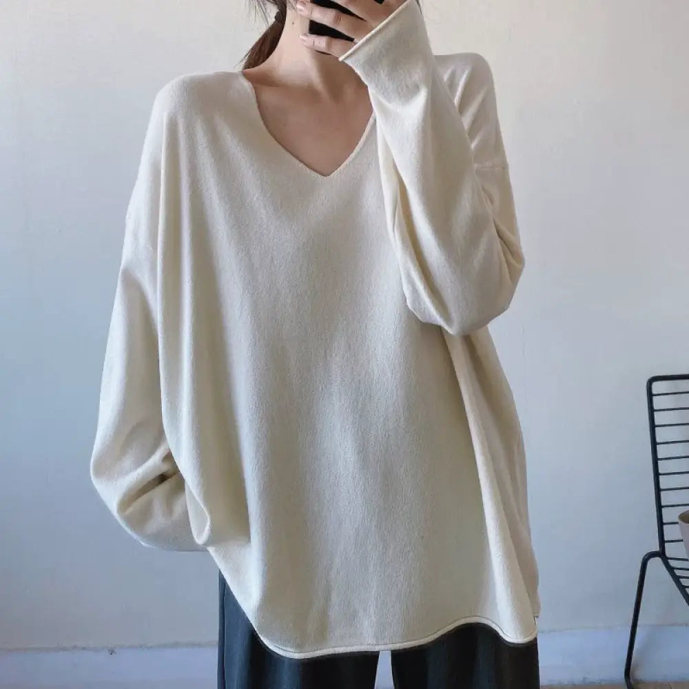 Vネック ニット セーター レディース 秋 新作 ゆったり スリム効果 インナー トップス トレンド 単色 シンプル 快適 柔らかい ID2642 ホワイト / M