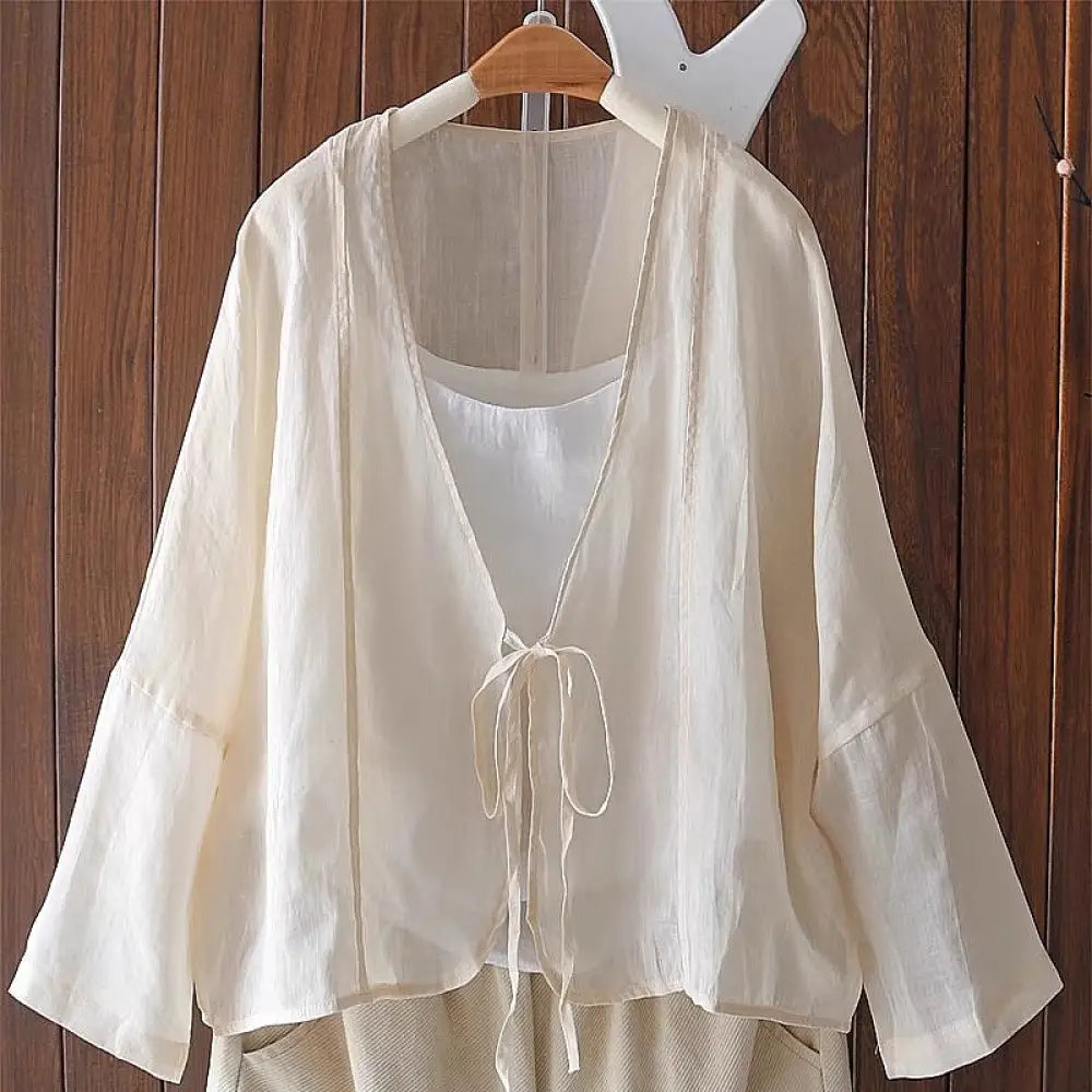ヴィンテージ風 リネン 防晒ジャケット レディース 夏用 薄手 ベルト付き アウター ゆったり カジュアル カーディガン 上着 ID1879 ベージュ / S 外出着>アウター