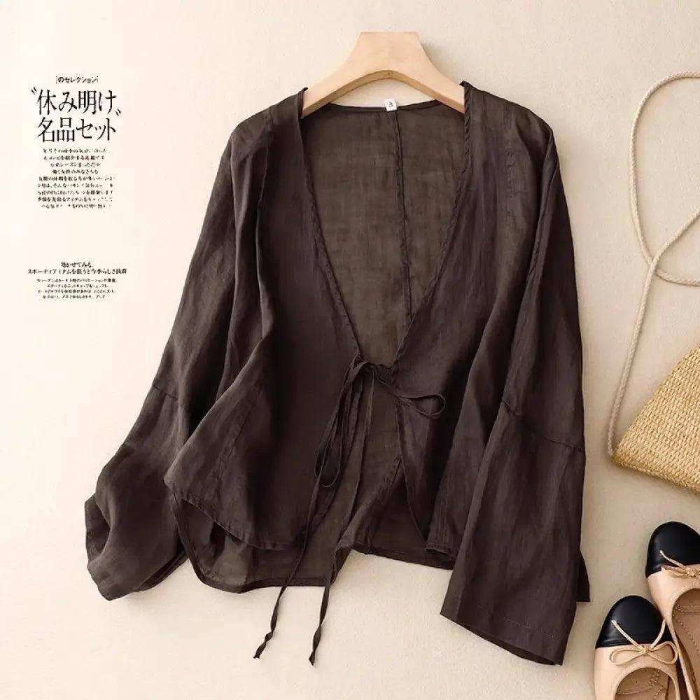 ヴィンテージ風 リネン 防晒ジャケット レディース 夏用 薄手 ベルト付き アウター ゆったり カジュアル カーディガン 上着 ID1879 ブラウン / S 外出着>アウター