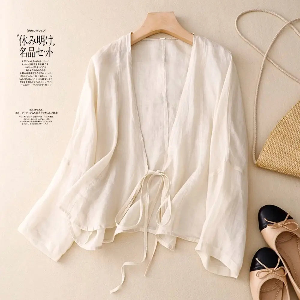 ヴィンテージ風 リネン 防晒ジャケット レディース 夏用 薄手 ベルト付き アウター ゆったり カジュアル カーディガン 上着 ID1879 ホワイト / S 外出着>アウター