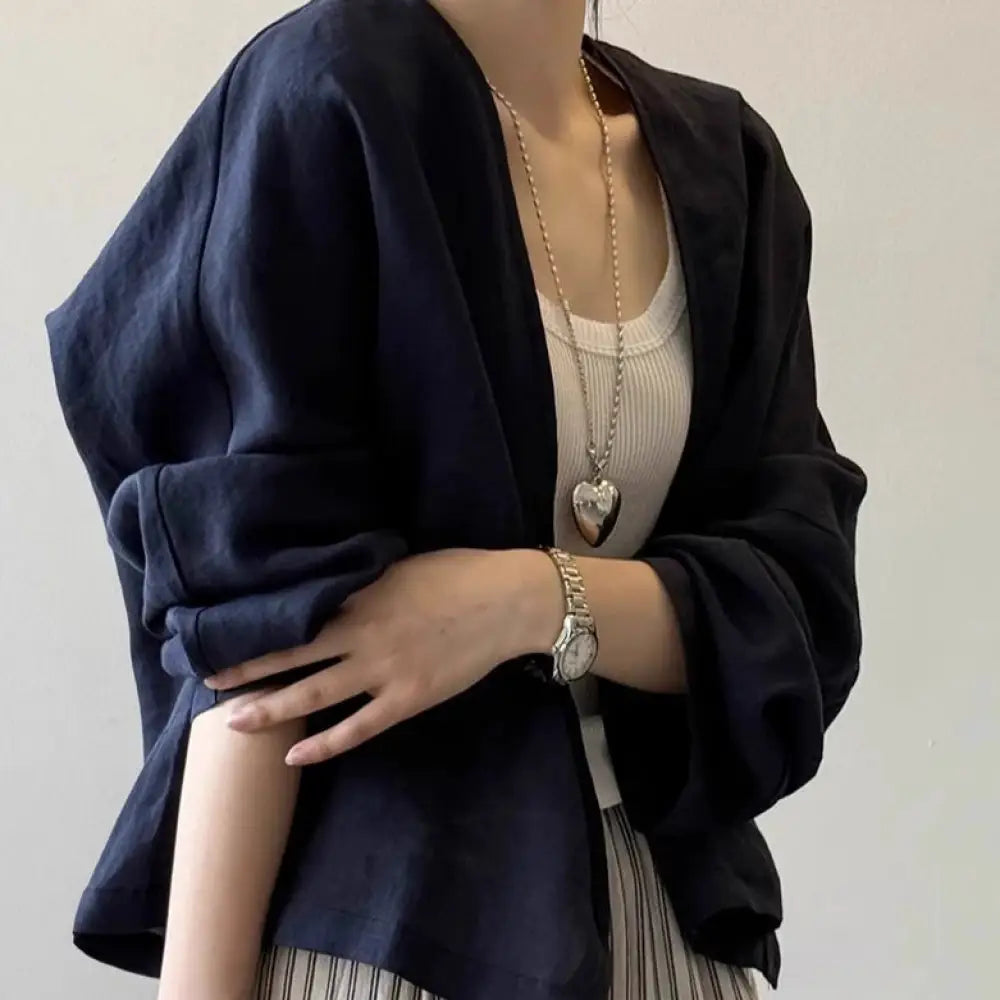 ヴィンテージ風 リネン 長袖 シャツ レディース 夏用 高級感 ラグジュアリー 麻 防晒 カーディガン 上着 ID1878 ネイビー / S 外出着>アウター