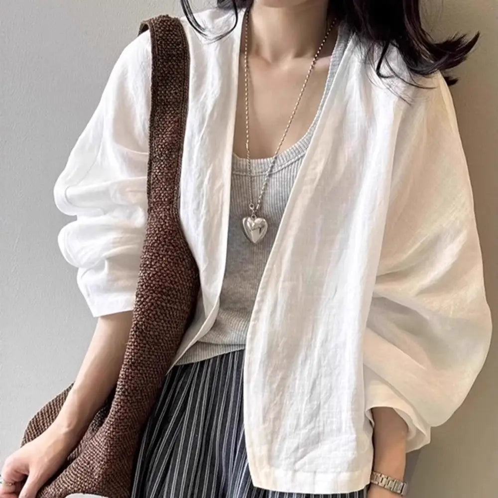 ヴィンテージ風 リネン 長袖 シャツ レディース 夏用 高級感 ラグジュアリー 麻 防晒 カーディガン 上着 ID1878