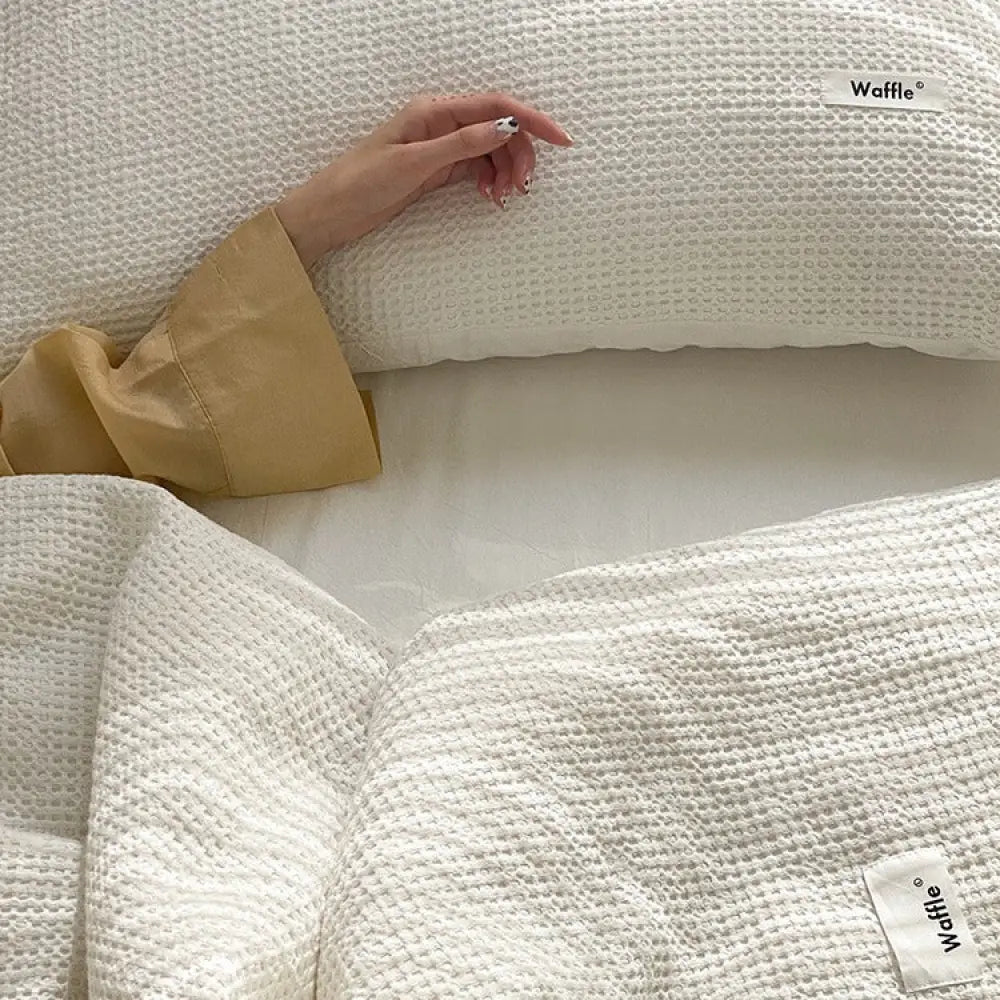 ワッフル 4点セット コットン ベッドシーツ 枕カバー 布団カバー おしゃれ 速乾 寝具カバーセット ベッドカバー 白 高級感 寝具 ID4355 寝具＞寝具セット