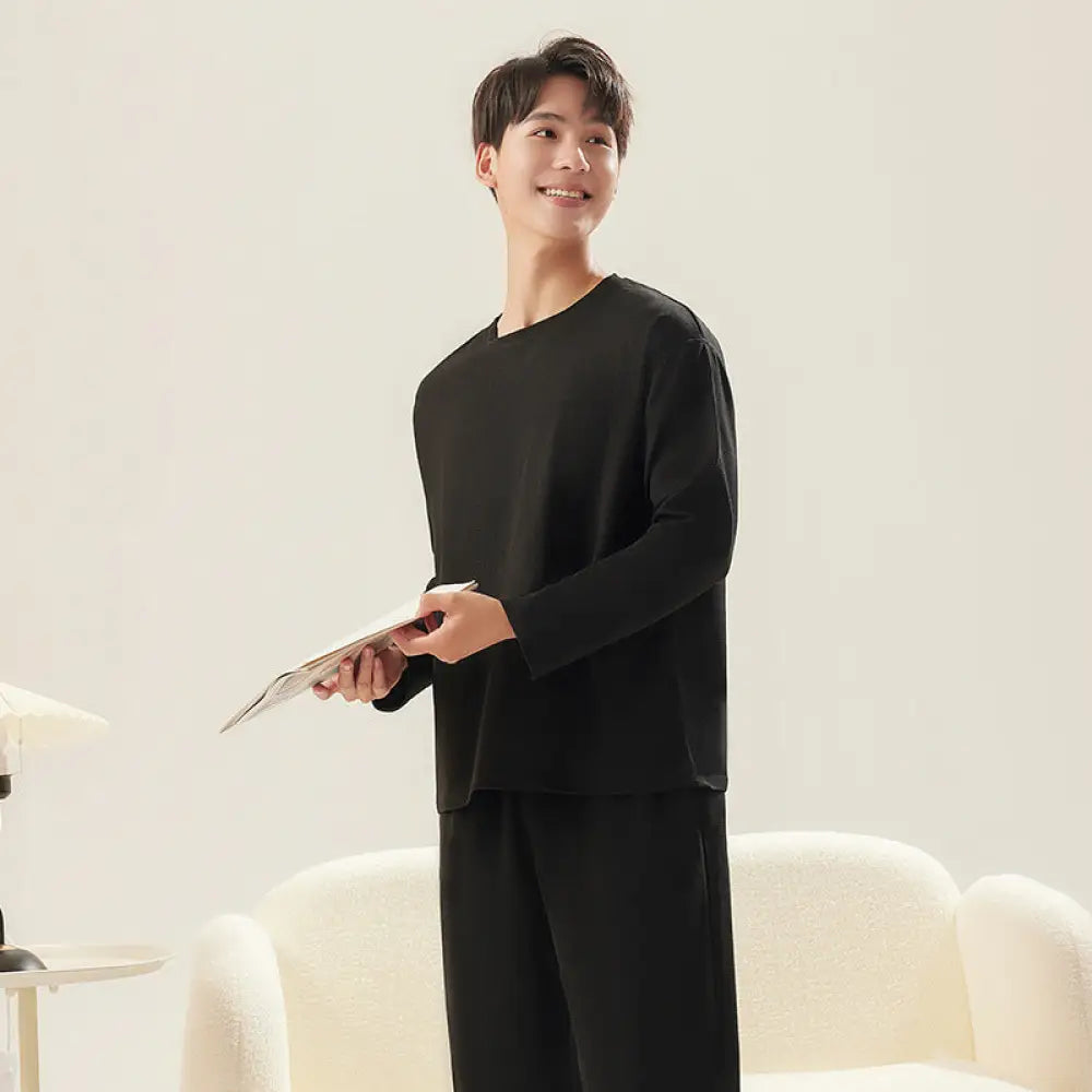 ワッフル カップル パジャマ 秋 新作 メンズ ルームウェア レディース シンプル 長袖 長ズボン ゆったり カジュアル セットアップ ID2442 男性 ブラック / レディースＭ