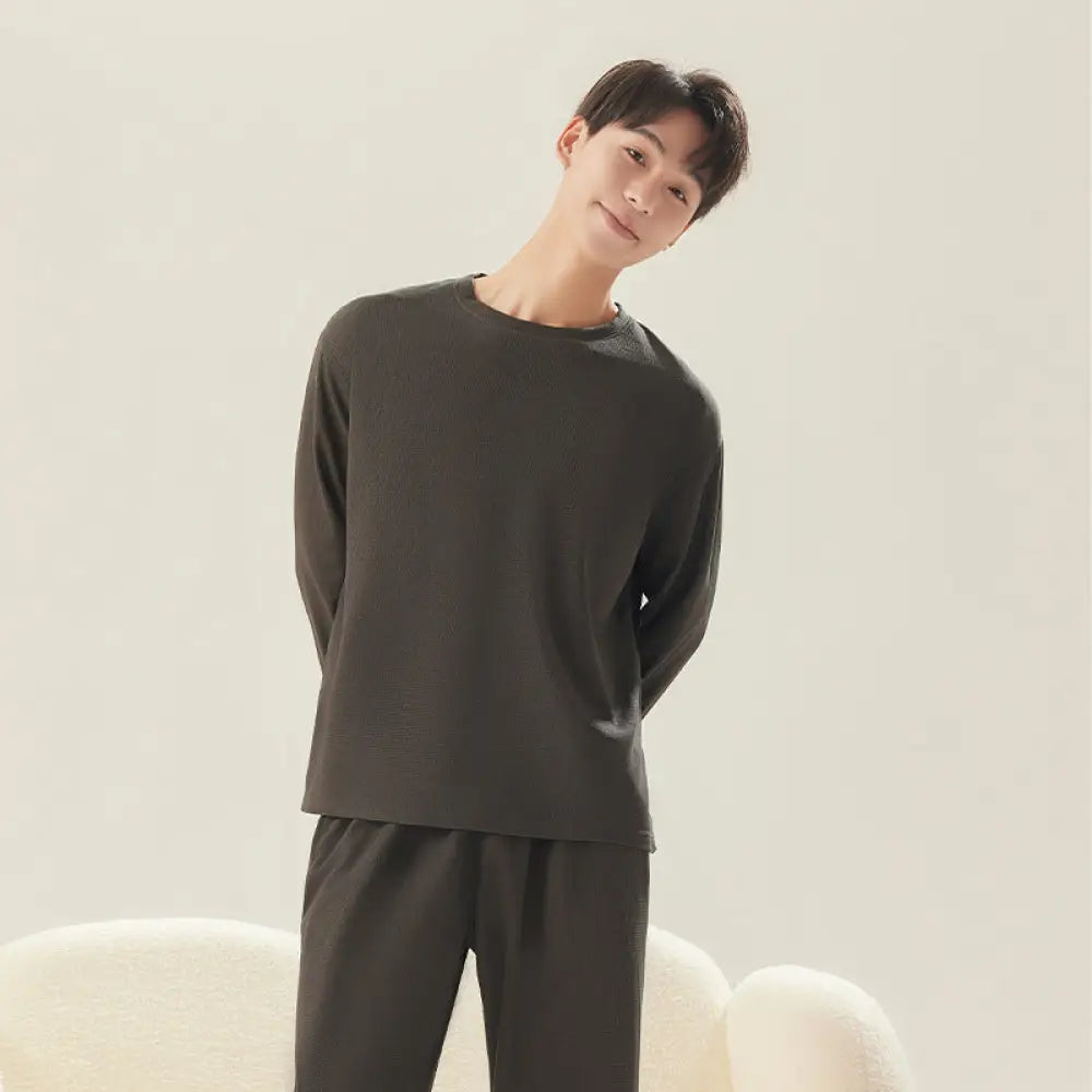 ワッフル カップル パジャマ 秋 新作 メンズ ルームウェア レディース シンプル 長袖 長ズボン ゆったり カジュアル セットアップ ID2442 男性 ダークグレー / レディースＭ