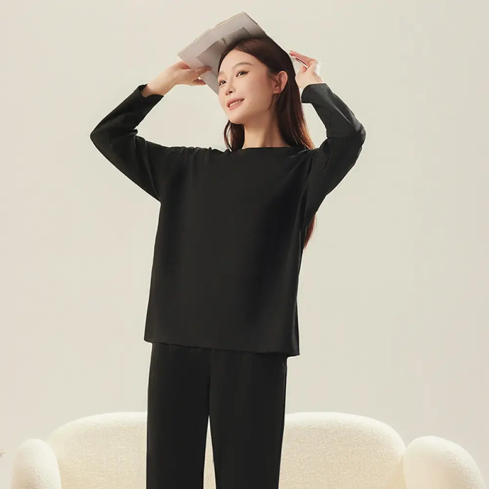 ワッフル カップル パジャマ 秋 新作 メンズ ルームウェア レディース シンプル 長袖 長ズボン ゆったり カジュアル セットアップ ID2442 女性 ブラック / レディースＭ