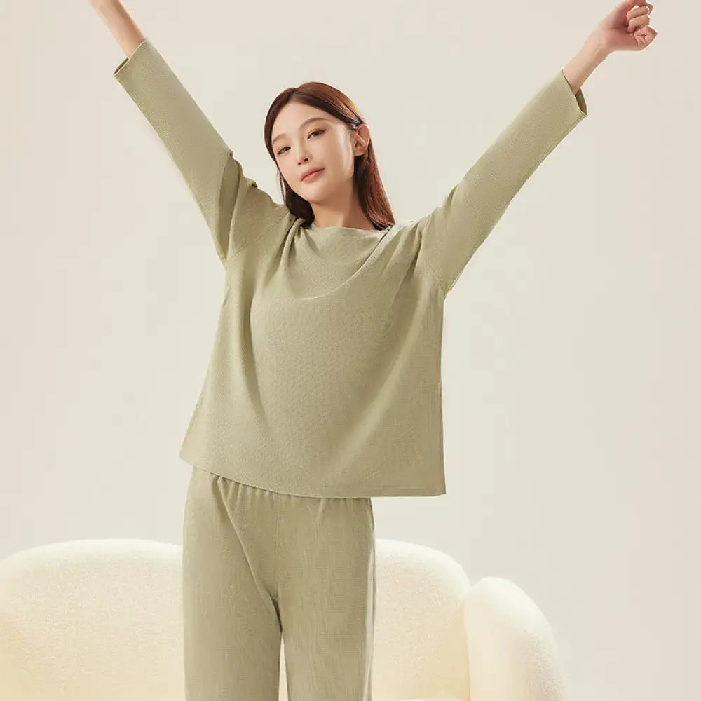 ワッフル カップル パジャマ 秋 新作 メンズ ルームウェア レディース シンプル 長袖 長ズボン ゆったり カジュアル セットアップ ID2442 女性 グリーン / レディースＭ