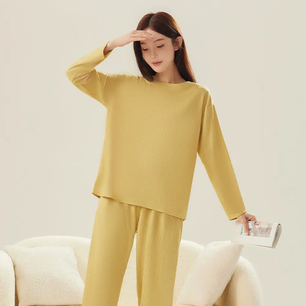 ワッフル カップル パジャマ 秋 新作 メンズ ルームウェア レディース シンプル 長袖 長ズボン ゆったり カジュアル セットアップ ID2442 女性 イエロー / レディースＭ