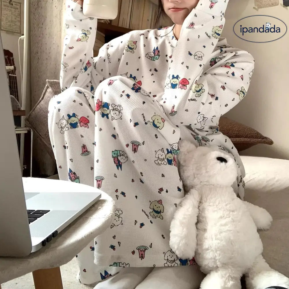 ワッフル プリント パジャマ レディース 春秋 2026新作 長袖 ゆったり かわいい ルームウェア セット ID4343