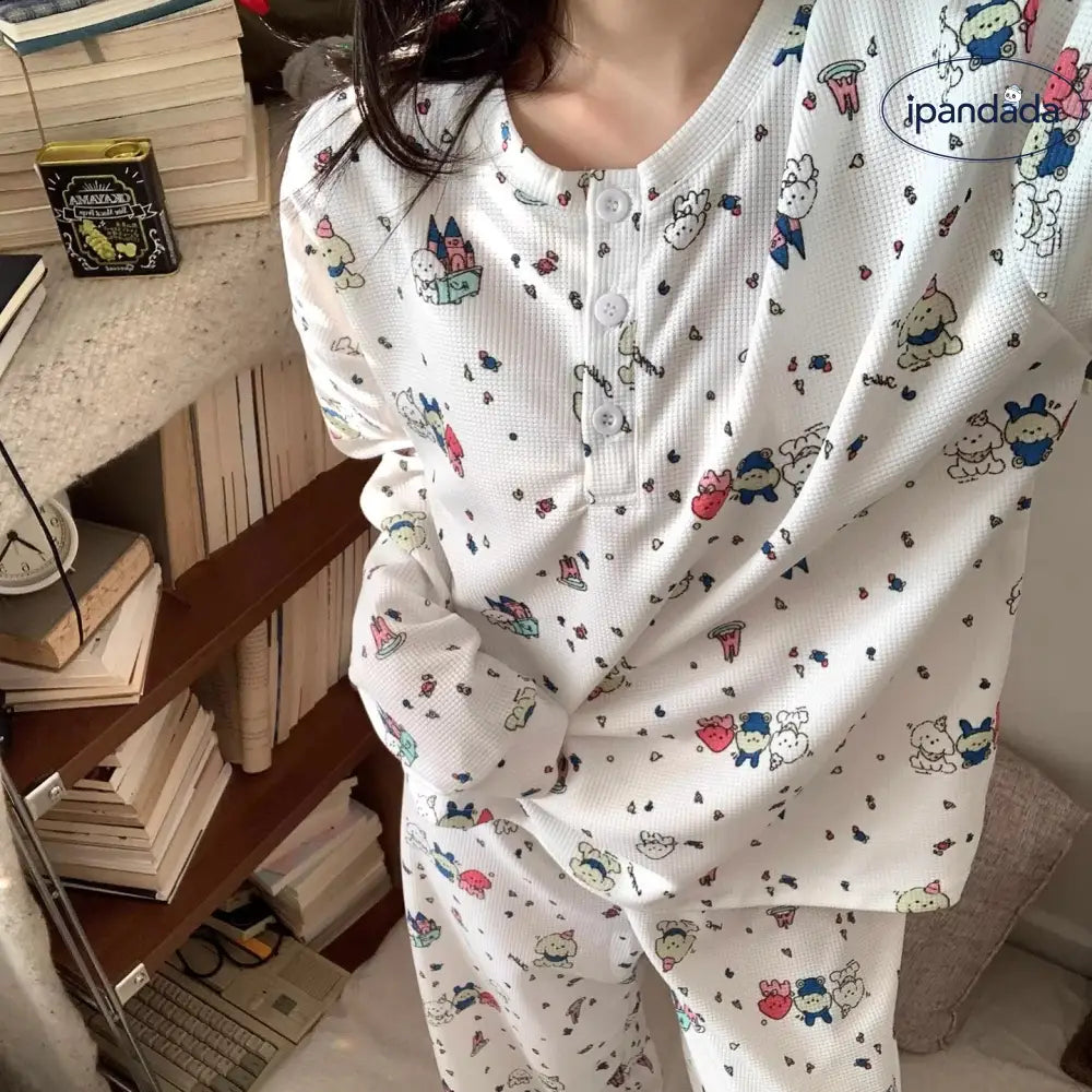 ワッフル プリント パジャマ レディース 春秋 2026新作 長袖 ゆったり かわいい ルームウェア セット ID4343