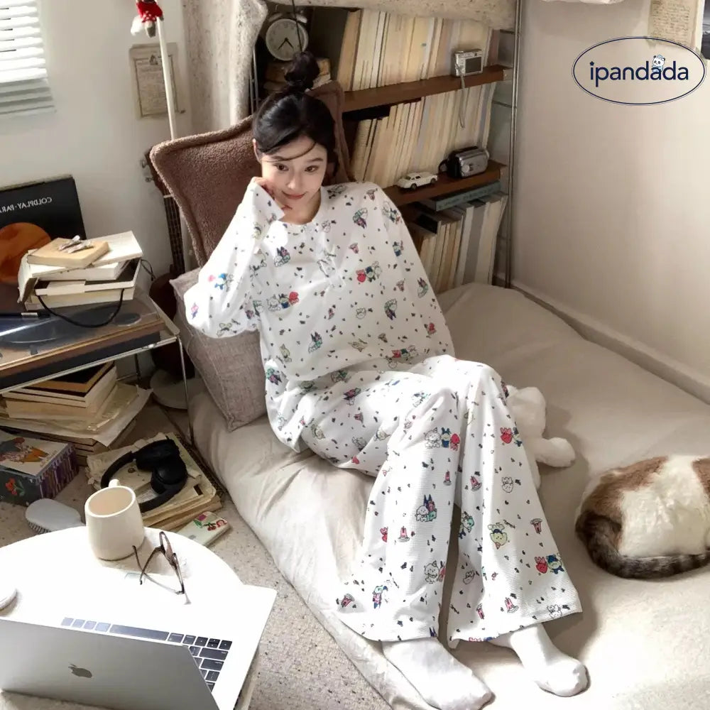 ワッフル プリント パジャマ レディース 春秋 2026新作 長袖 ゆったり かわいい ルームウェア セット ID4343