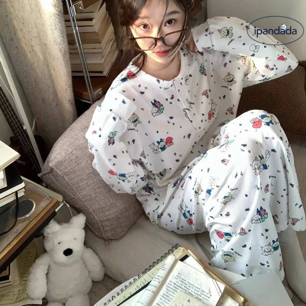 ワッフル プリント パジャマ レディース 春秋 2026新作 長袖 ゆったり かわいい ルームウェア セット ID4343