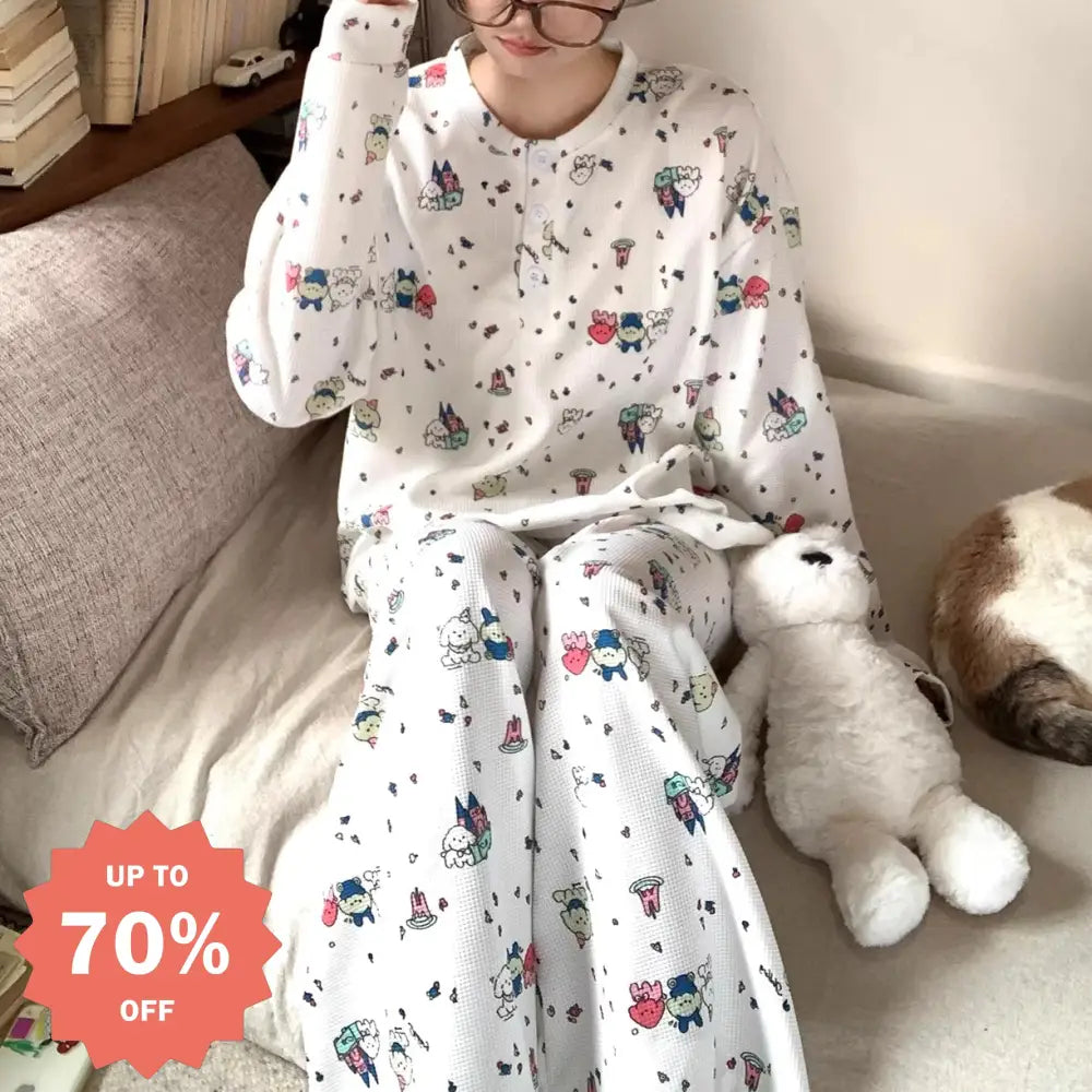 ワッフル プリント パジャマ レディース 春秋 2026新作 長袖 ゆったり かわいい ルームウェア セット ID4343 写真通り / M