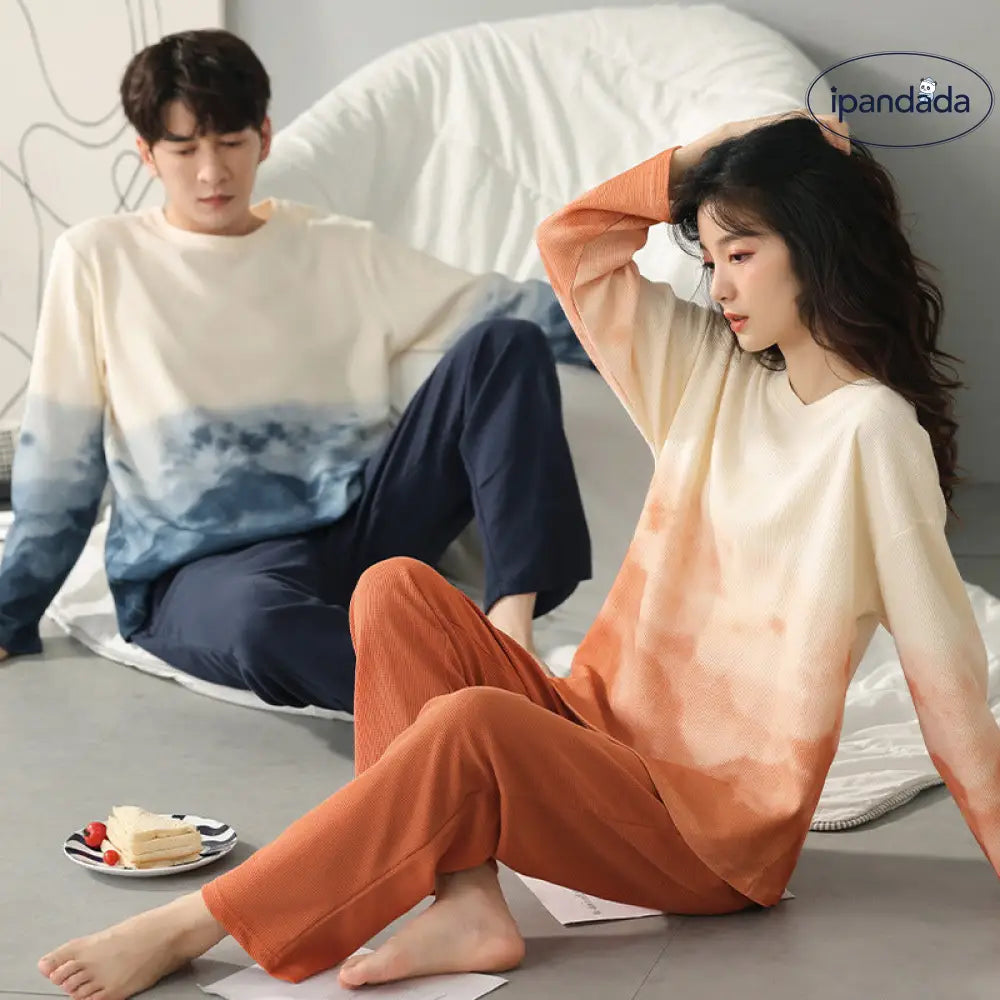 ワッフル生地 カップル ルームウェア セット 長袖 綿 シンプル アウター可 お揃い 肌着 2点セット ID4046