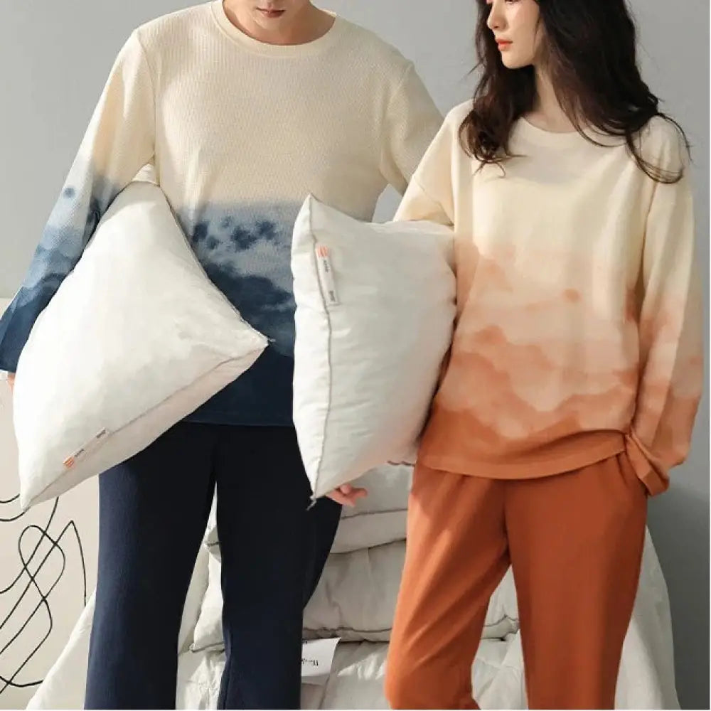 ワッフル生地 カップル ルームウェア セット 長袖 綿 シンプル アウター可 お揃い 肌着 2点セット ID4046