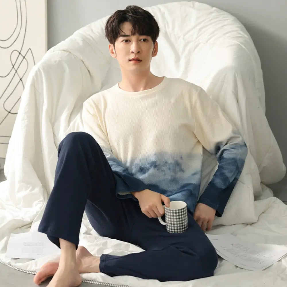 ワッフル生地 カップル ルームウェア セット 長袖 綿 シンプル アウター可 お揃い 肌着 2点セット ID4046 写真通り / メンズL