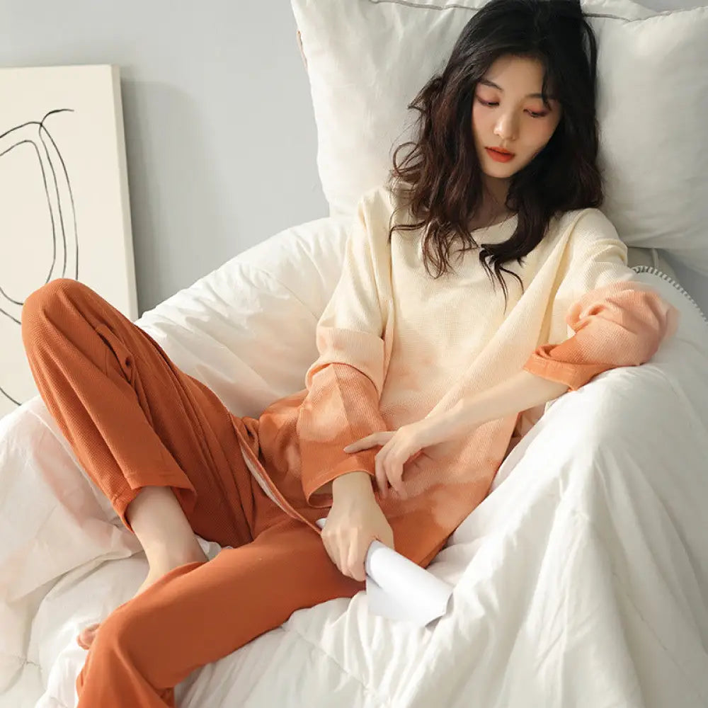 ワッフル生地 カップル ルームウェア セット 長袖 綿 シンプル アウター可 お揃い 肌着 2点セット ID4046 写真通り / レディースＭ