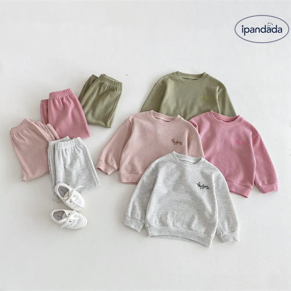 ワッフル生地 レター 刺繍 子供 ルームウェア セット 春 新作 男女兼用 キッズ ベビー 肌着 2点セット 肌に優しい ID4023