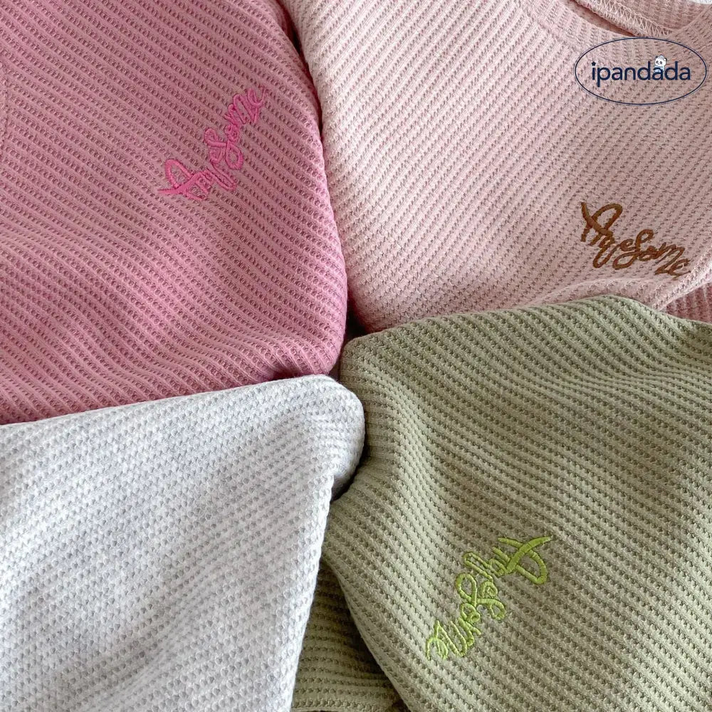 ワッフル生地 レター 刺繍 子供 ルームウェア セット 春 新作 男女兼用 キッズ ベビー 肌着 2点セット 肌に優しい ID4023