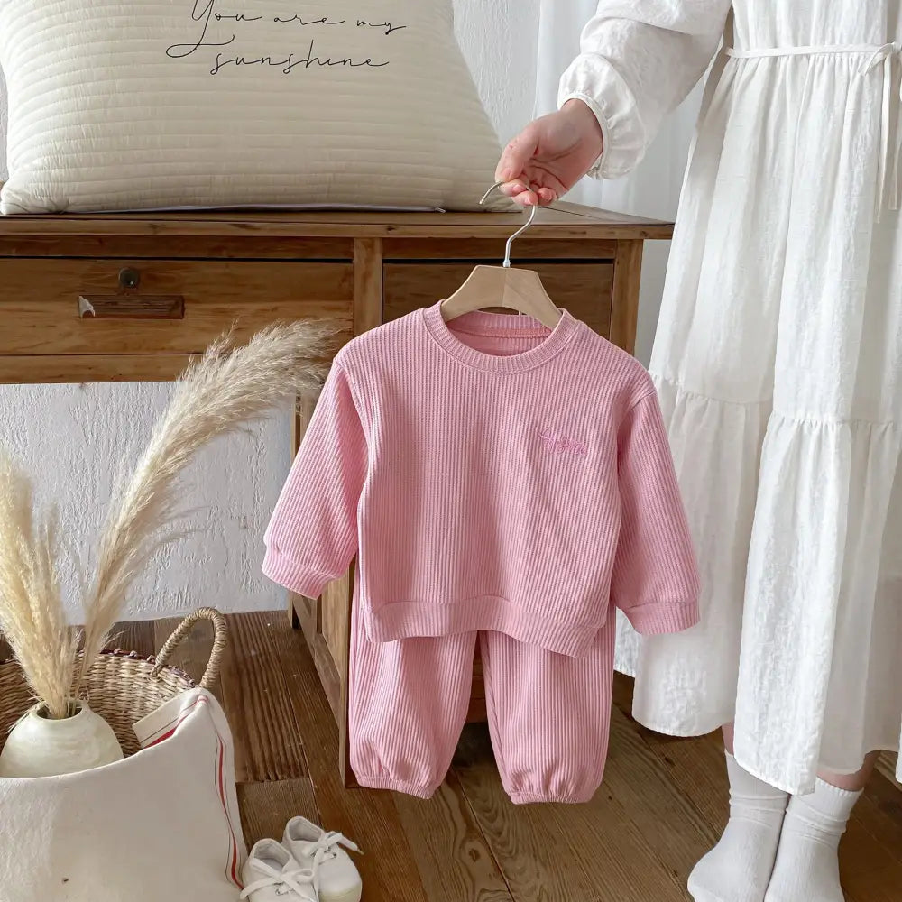 ワッフル生地 レター 刺繍 子供 ルームウェア セット 春 新作 男女兼用 キッズ ベビー 肌着 2点セット 肌に優しい ID4023 ピンク / 80cm