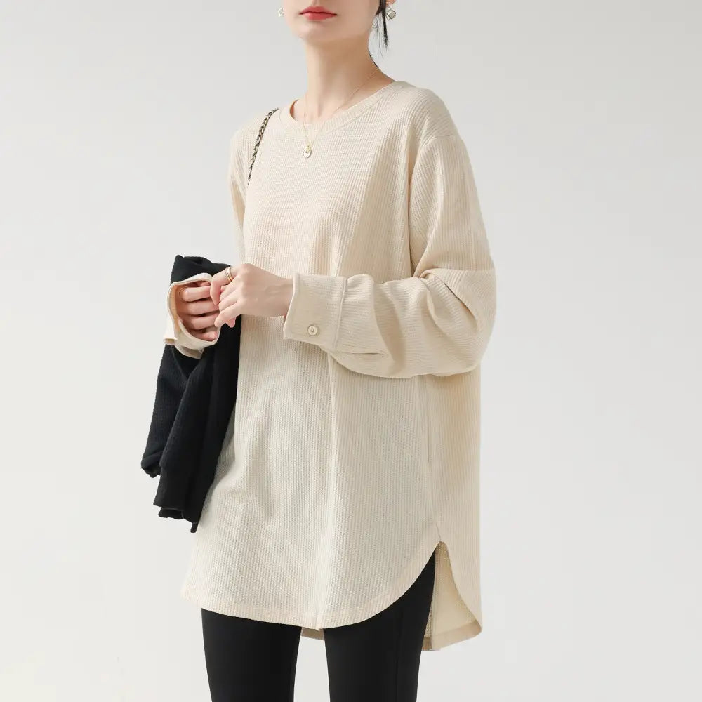 ワッフル 長袖Tシャツ レディース インナー ベースレイヤー 丸みのある裾シャツ 袖口 スウェット ゆったり 初秋用 トップス ID2635 ベージュ / S