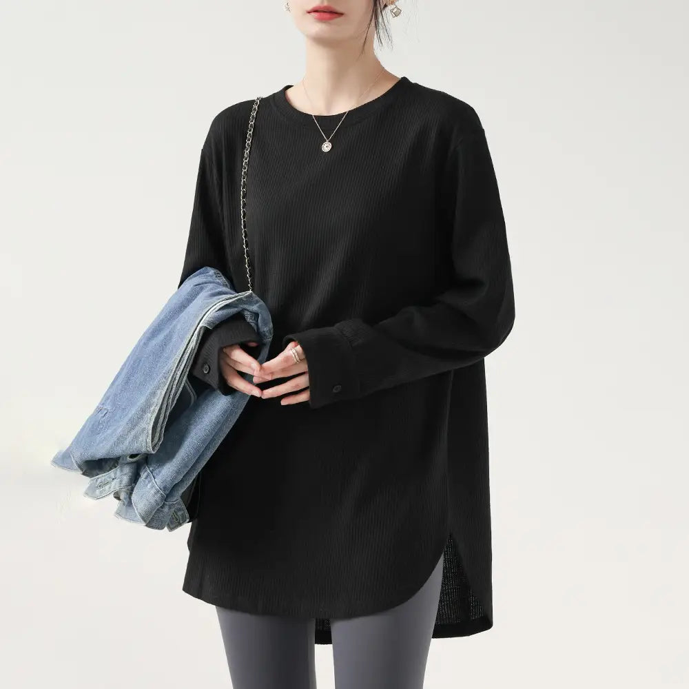 ワッフル 長袖Tシャツ レディース インナー ベースレイヤー 丸みのある裾シャツ 袖口 スウェット ゆったり 初秋用 トップス ID2635 ブラック / S