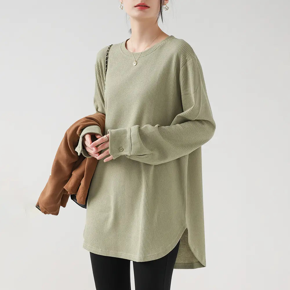 ワッフル 長袖Tシャツ レディース インナー ベースレイヤー 丸みのある裾シャツ 袖口 スウェット ゆったり 初秋用 トップス ID2635 グリーン / S