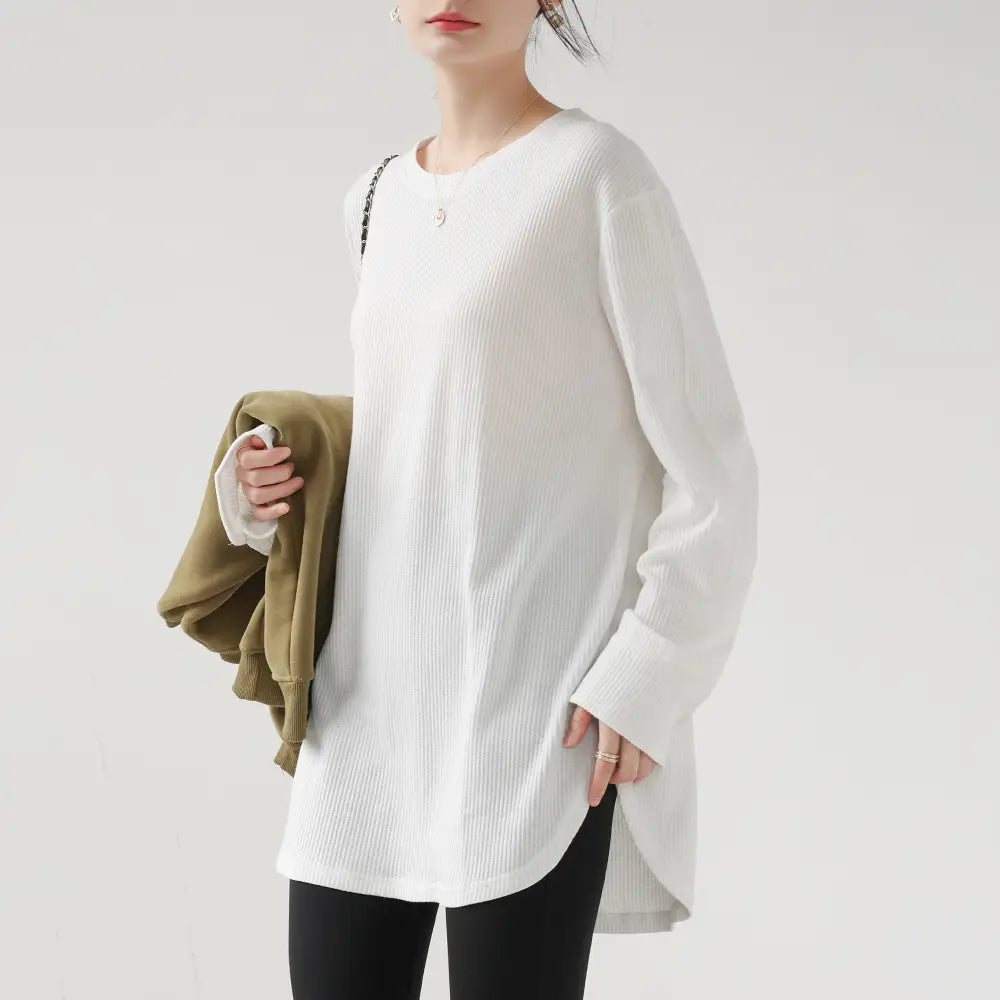 ワッフル 長袖Tシャツ レディース インナー ベースレイヤー 丸みのある裾シャツ 袖口 スウェット ゆったり 初秋用 トップス ID2635 ホワイト / S