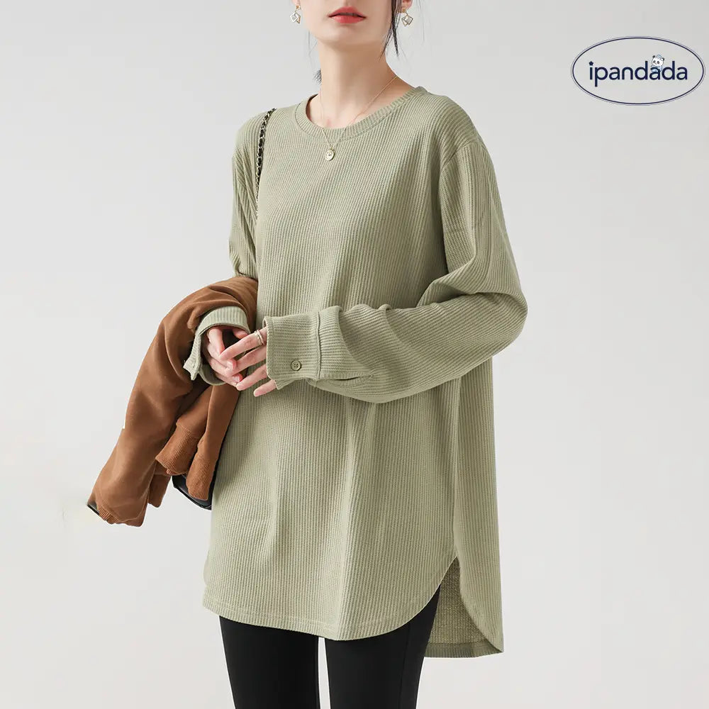 ワッフル 長袖Tシャツ レディース インナー ベースレイヤー 丸みのある裾シャツ 袖口 スウェット ゆったり 初秋用 トップス ID2635