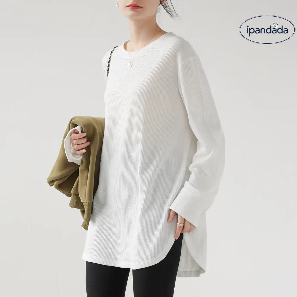 ワッフル 長袖Tシャツ レディース インナー ベースレイヤー 丸みのある裾シャツ 袖口 スウェット ゆったり 初秋用 トップス ID2635