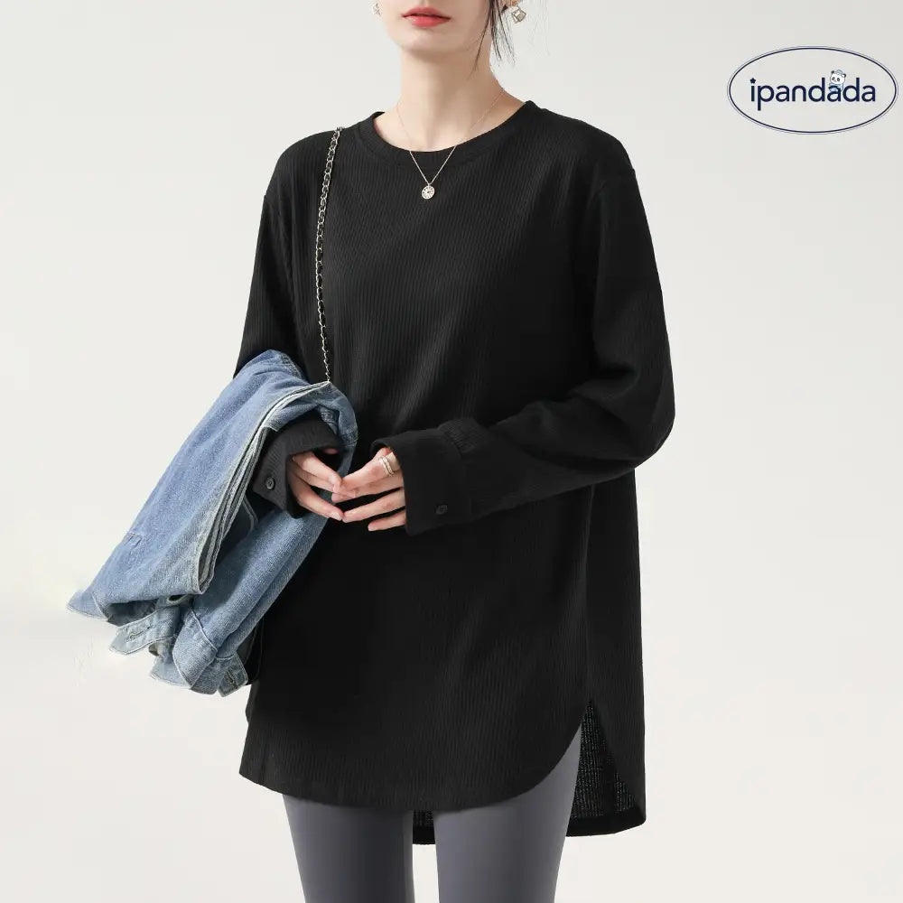 ワッフル 長袖Tシャツ レディース インナー ベースレイヤー 丸みのある裾シャツ 袖口 スウェット ゆったり 初秋用 トップス ID2635