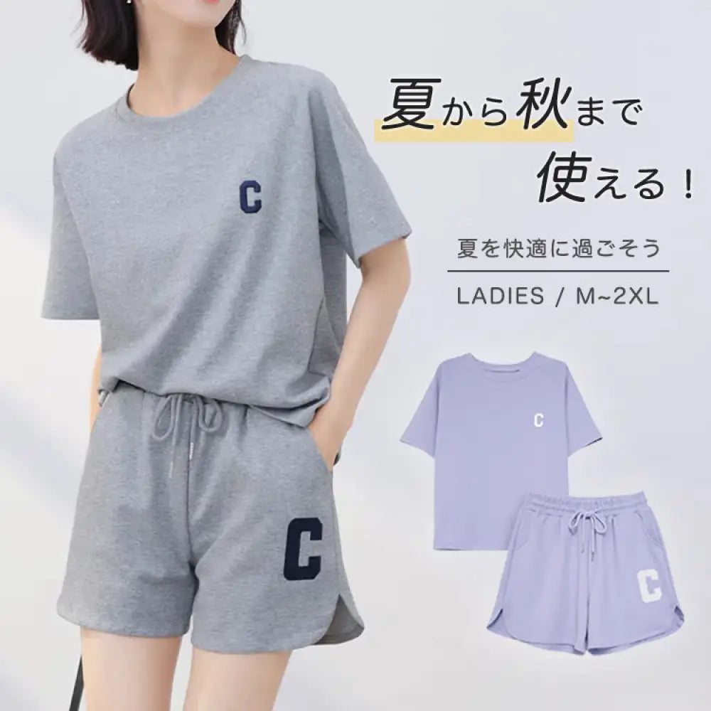 ID1055 外出着 ルームウェア レディース セットアップ 上下セット 夏 夏用 春夏 薄手 半袖 半ズボン ショートパンツ ハーフパンツ 短パン 膝丈 下 ポケット 可愛い かわいい おしゃれ 大きいサイズ ゆったり 涼しい 外出 綿