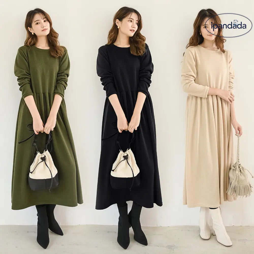 ワンピース 春 きれいめ ゆったり クルーネック ロングワンピ ウエストマーク フレア ロング 長袖 ドレープ 快適 お出かけ用 ワンピース ID4796 - 外出着＞ワンピース