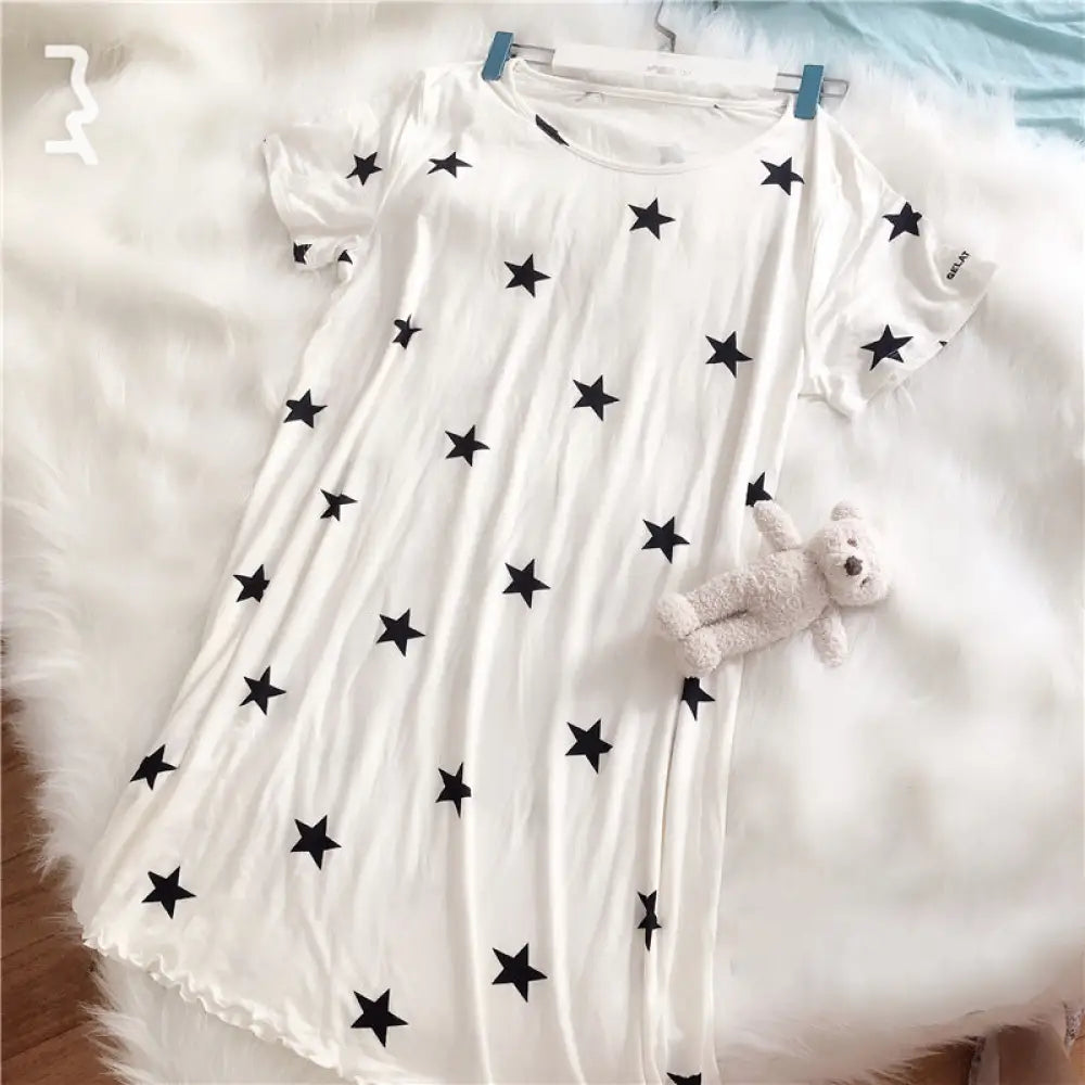 ID638 ワンピース パジャマ 星柄 モダール パジャマ レディース 夏 半袖 可愛い 快適 おしゃれ プリント 外出可 写真通り / M レディース＞ワンピース