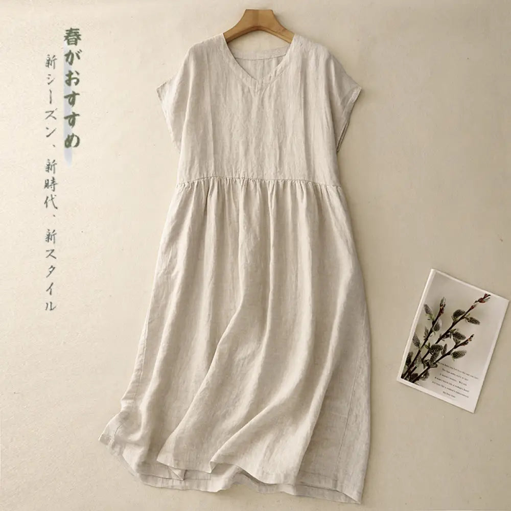 ID1717 文芸 麻素材 半袖 ワンピース レディース 夏用 シンプル ベーシック 気質 ゆったり リラックス Vネック コットンリネン ロングドレス アプリコット / M 外出着>ワンピース
