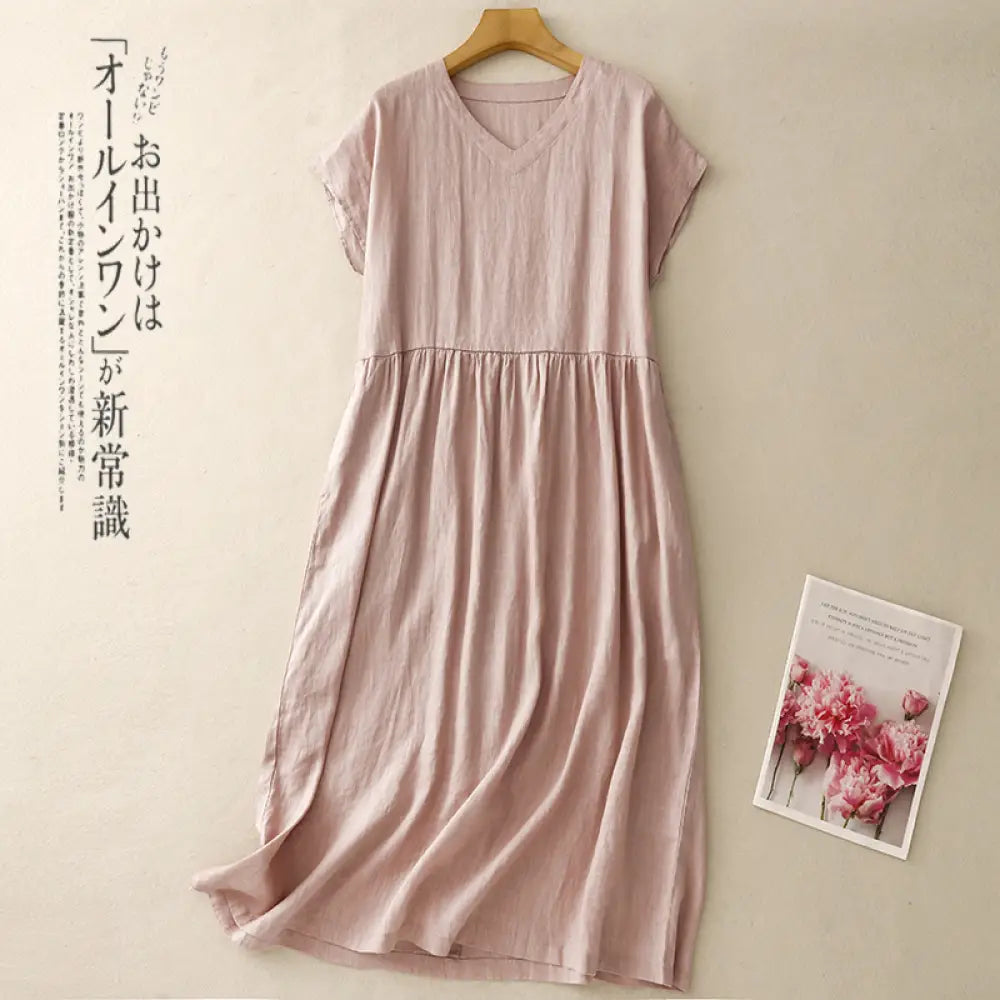 ID1717 文芸 麻素材 半袖 ワンピース レディース 夏用 シンプル ベーシック 気質 ゆったり リラックス Vネック コットンリネン ロングドレス ピンク / M 外出着>ワンピース