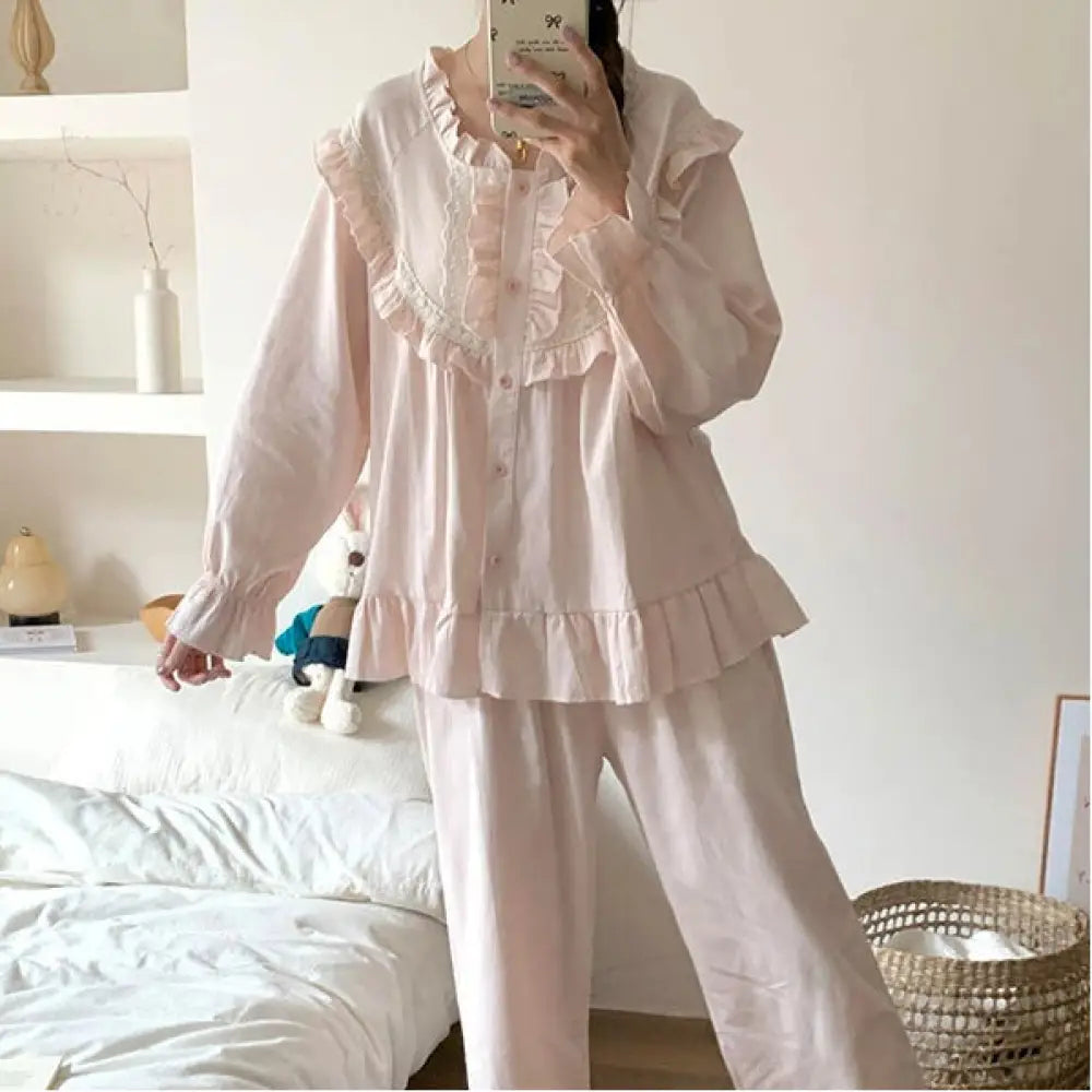 無地 フリル フレンチ 可愛い パジャマ レディース 春秋 カジュアル 長袖 長ズボン セット ID3801 ピンク / S