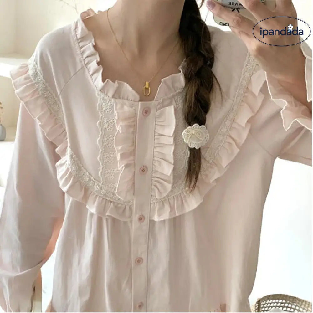 無地 フリル フレンチ 可愛い パジャマ レディース 春秋 カジュアル 長袖 長ズボン セット ID3801