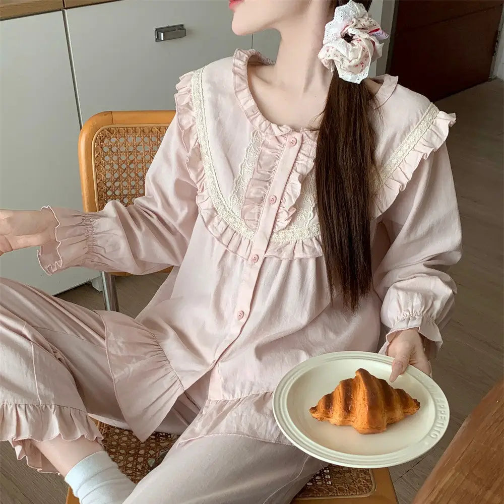 無地 フリル フレンチ 可愛い パジャマ レディース 春秋 カジュアル 長袖 長ズボン セット ID3801