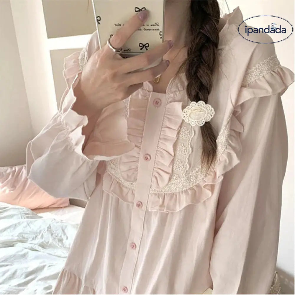 無地 フリル フレンチ 可愛い パジャマ レディース 春秋 カジュアル 長袖 長ズボン セット ID3801