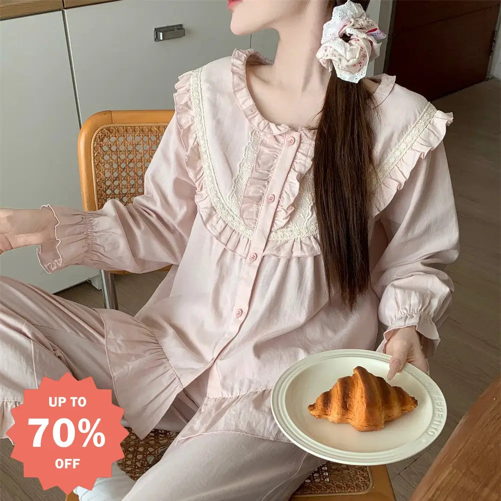 無地 フリル フレンチ 可愛い パジャマ レディース 春秋 カジュアル 長袖 長ズボン セット ID3801