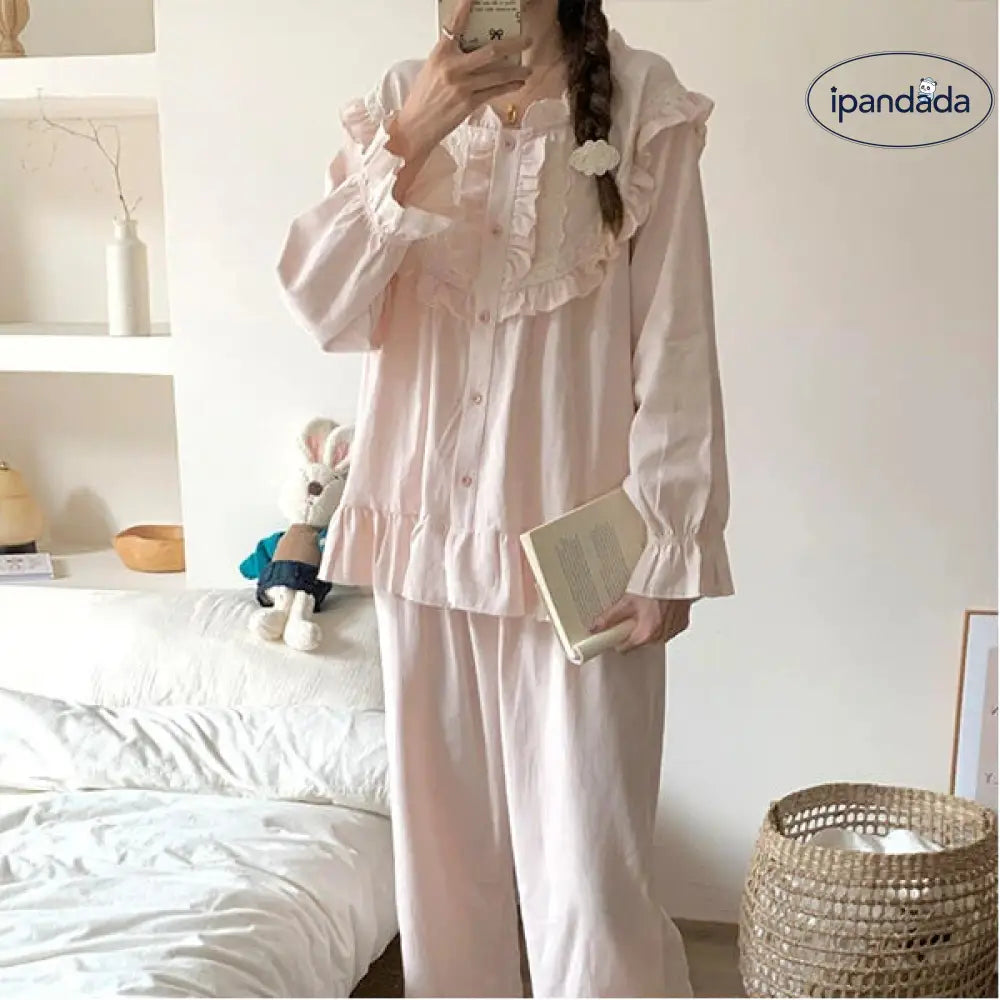 無地 フリル フレンチ 可愛い パジャマ レディース 春秋 カジュアル 長袖 長ズボン セット ID3801