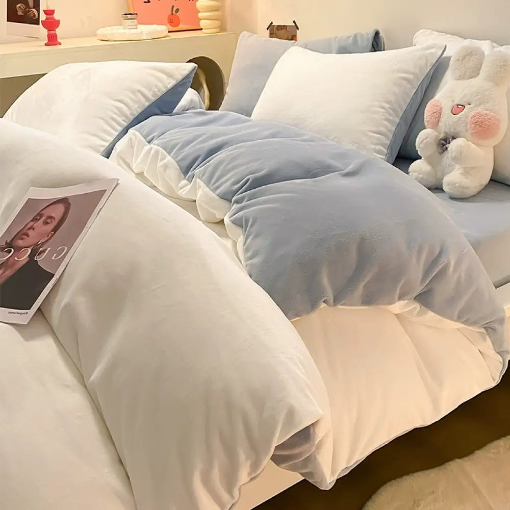 無地 ミルクベルベット ベッド用 4点セット 冬用 両面起毛 掛け布団カバー 加厚 サンゴフランネル ベッドシーツ 3点セット ID2414 タイプ⑤ / シーツタイプ 0.9m 3点セット - 掛け布団カバー 150*200