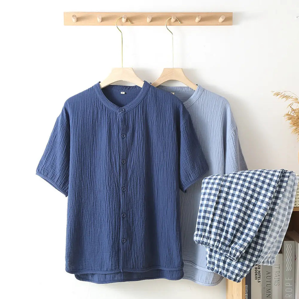 ID698 無印風 メンズ パジャマ チェック 柄 夏 綿 二重ガーゼ 薄手 半袖 ロングパンツ ルームウェア シンプル ゆったり 吸汗 速乾 2点セット メンズ＞セットアップ