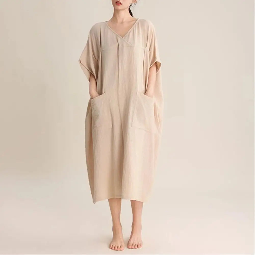 無印 睡裙 ダブルレイヤー シフォン コットン プルオーバー レディース ロング ワンピース シンプル フレンチスタイル 部屋着 外出可能 ID2305