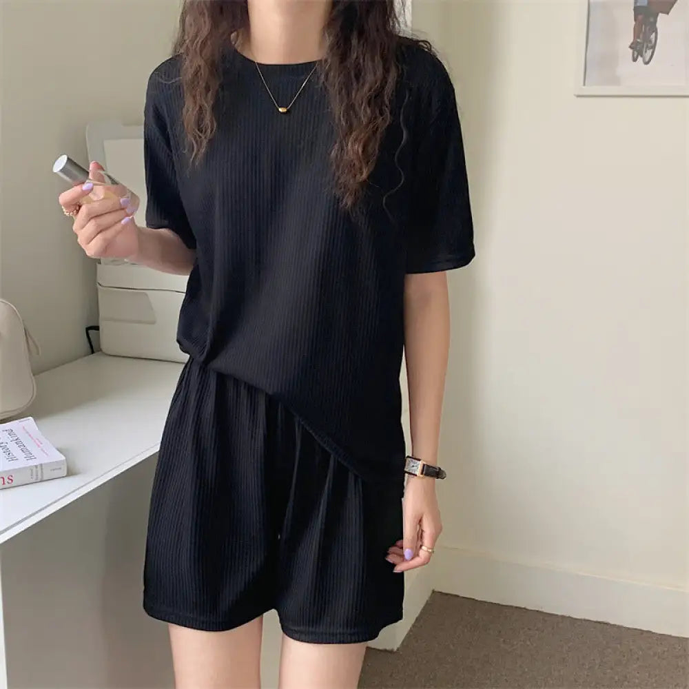 ID1494 夏 カジュアルセット 韓国風 ひんやり スネークプリント ルームウェア ホームウェア ゆったり 2点セット 通気性 快適 6色展開 ブラック / フリー 外出着>セットアップ