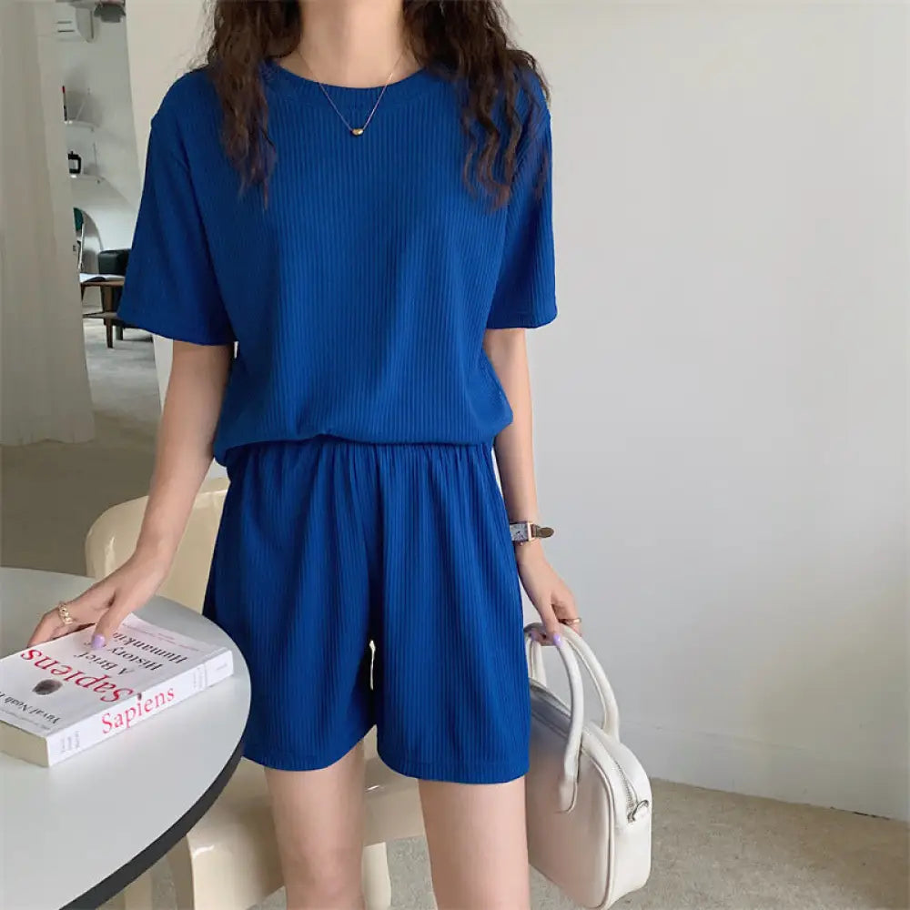 ID1494 夏 カジュアルセット 韓国風 ひんやり スネークプリント ルームウェア ホームウェア ゆったり 2点セット 通気性 快適 6色展開 ブルー / フリー 外出着>セットアップ