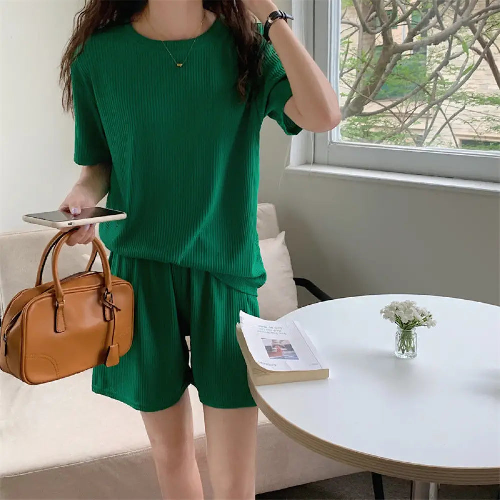 ID1494 夏 カジュアルセット 韓国風 ひんやり スネークプリント ルームウェア ホームウェア ゆったり 2点セット 通気性 快適 6色展開 グリーン / フリー 外出着>セットアップ