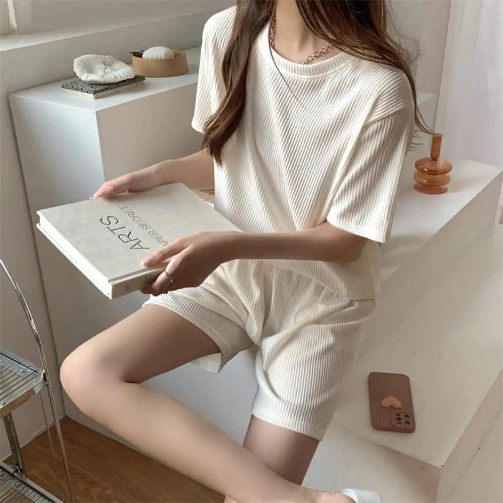 ID1494 夏 カジュアルセット 韓国風 ひんやり スネークプリント ルームウェア ホームウェア ゆったり 2点セット 通気性 快適 6色展開 ホワイト / フリー 外出着>セットアップ