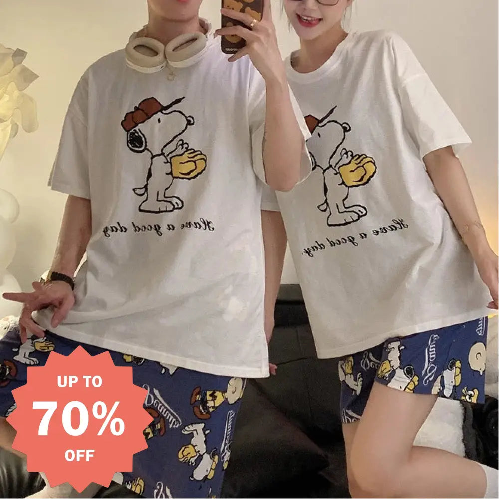 夏 パジャマ スヌーピー カップル レディース 半袖 ショートパンツ セット 男女兼用 コットン ルームウェア 2点セット ID4711